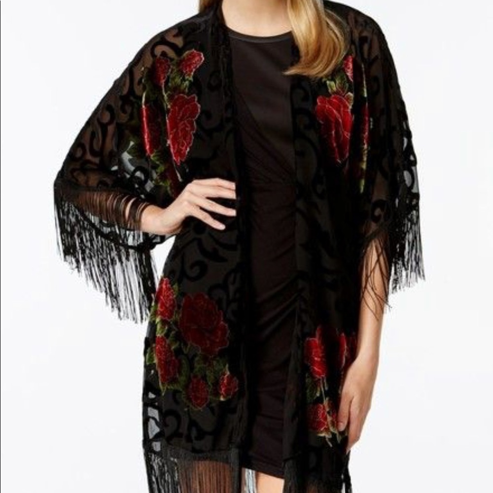 Betsey Johnson Velvet Black Fringe Kimono Robe